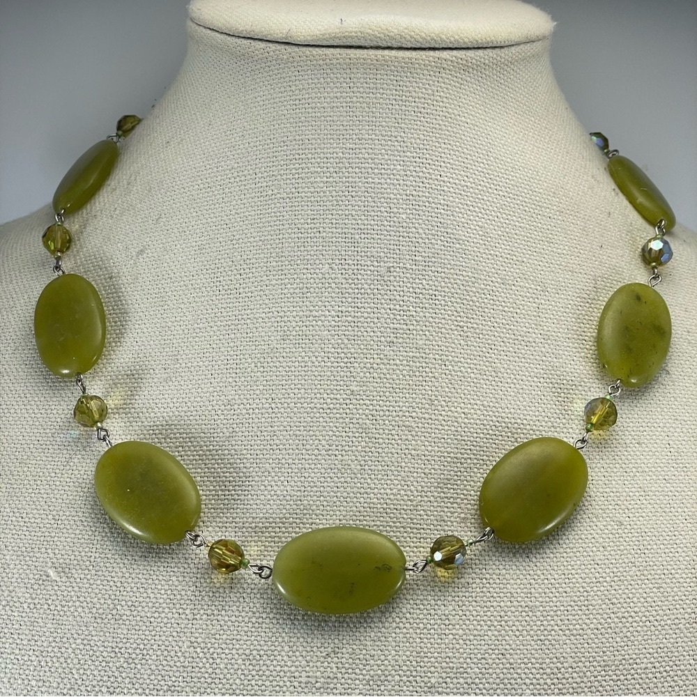 Green Jade Glass Beaded Necklace Boho Timeless Statement Bold Unique Chunky